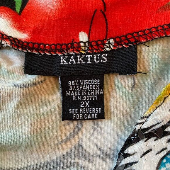 Kaktus Womens Floral Sequined V-neck Top 2X Bold Pattern Colorful 3/4 Sleeve - Picture 3 of 7